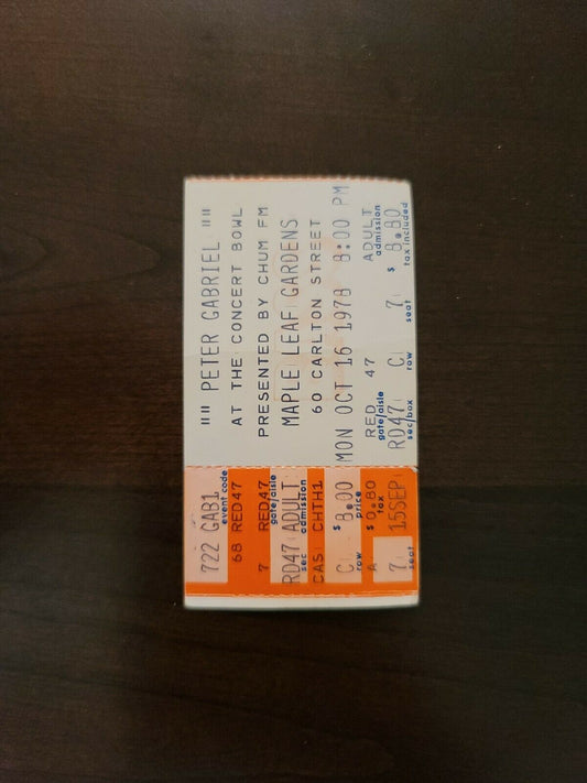 Peter Gabriel 1978, Toronto Maple Leaf Gardens Original Concert Ticket Stub