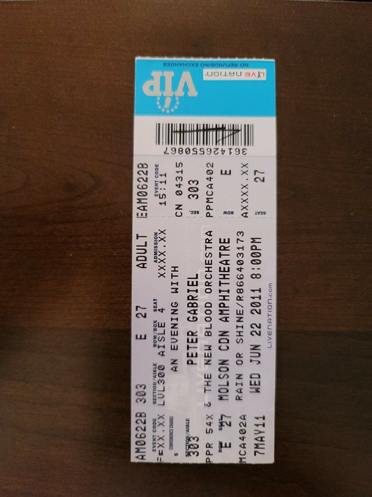 Peter Gabriel 2011, Toronto Molson Amphitheater Original Concert Ticket Stub