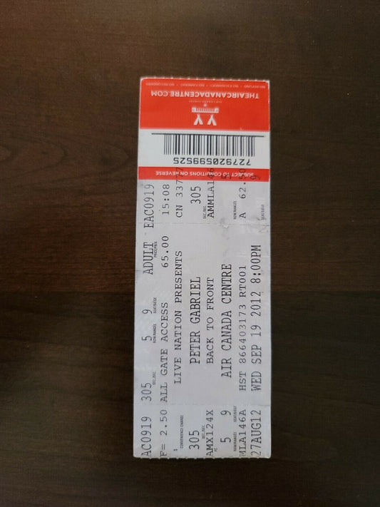 Peter Gabriel 2012, Toronto Air Canada Centre Original Concert Ticket Stub
