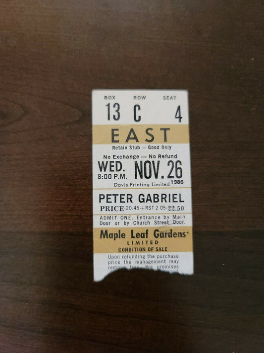 Peter Gabriel 1986, Toronto Maple Leaf Gardens Original Concert Ticket Stub