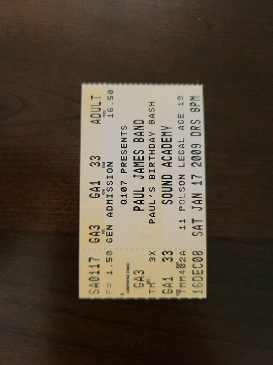 Paul James Band 2009, Toronto Sound Academy Original Concert Ticket Stub