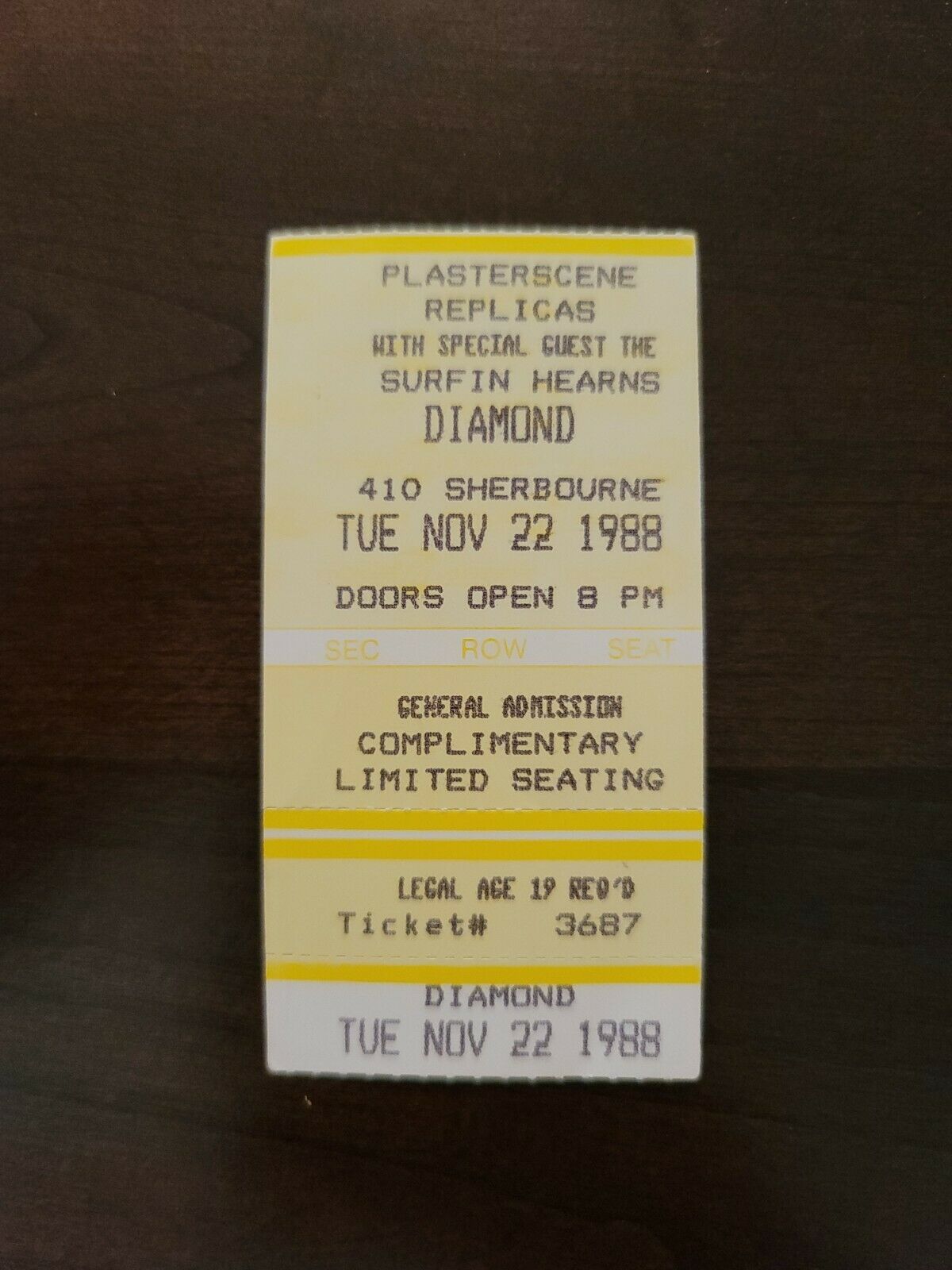 Plasterscene Replicas 1988, Toronto Diamond Club Original Concert Ticket Stub