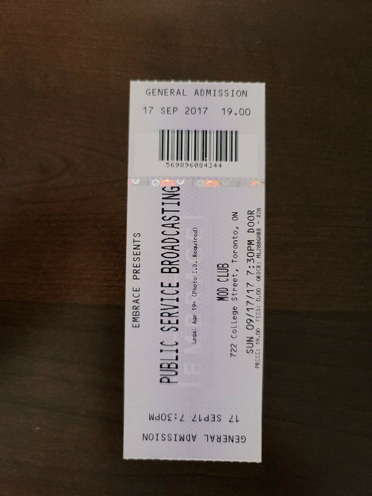 Public Broadcasting System 2017, Toronto Mod Club Original Concert Ticket Stub