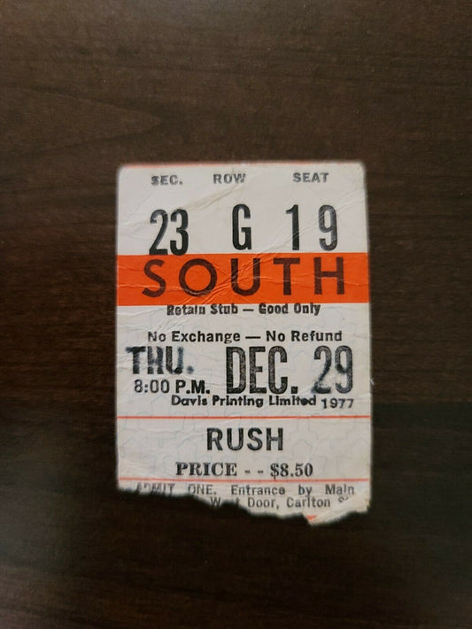 RUSH 1977, Toronto Maple Leaf Gardens Red Ticket Stub Neil Peart, Lee, Lifeson