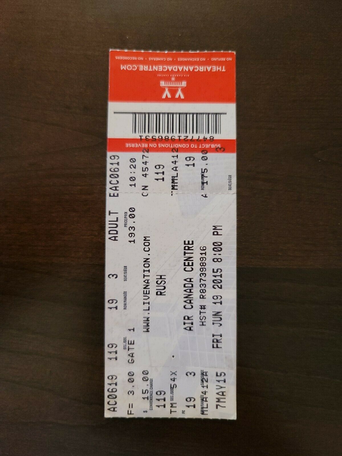 RUSH 2015, Toronto Air Canada Centre Ticket Stub Neil Peart, Lee, Lifeson