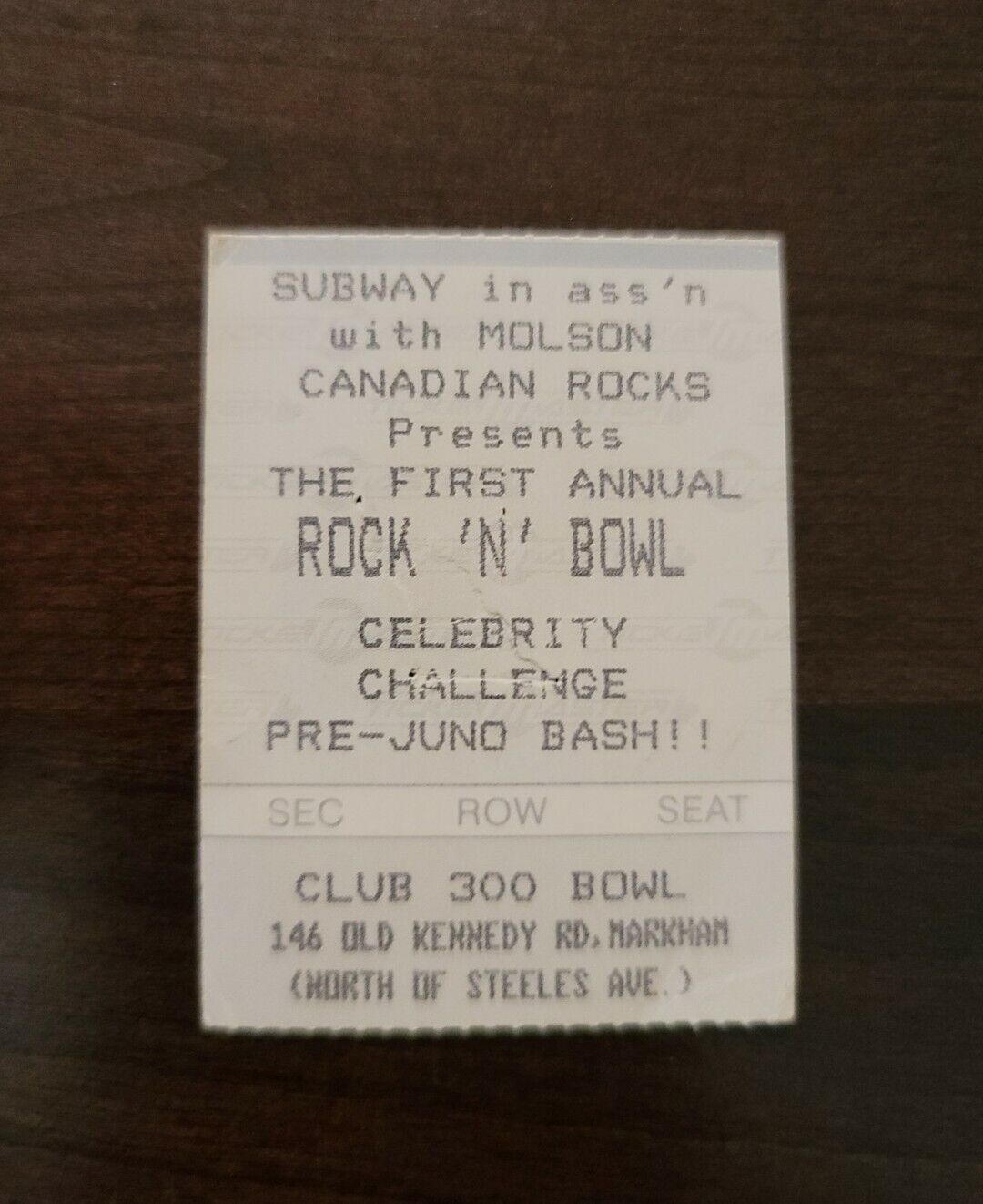 Rock N Bowl, Pre Juno Awards Original Vintage Concert Ticket Stub