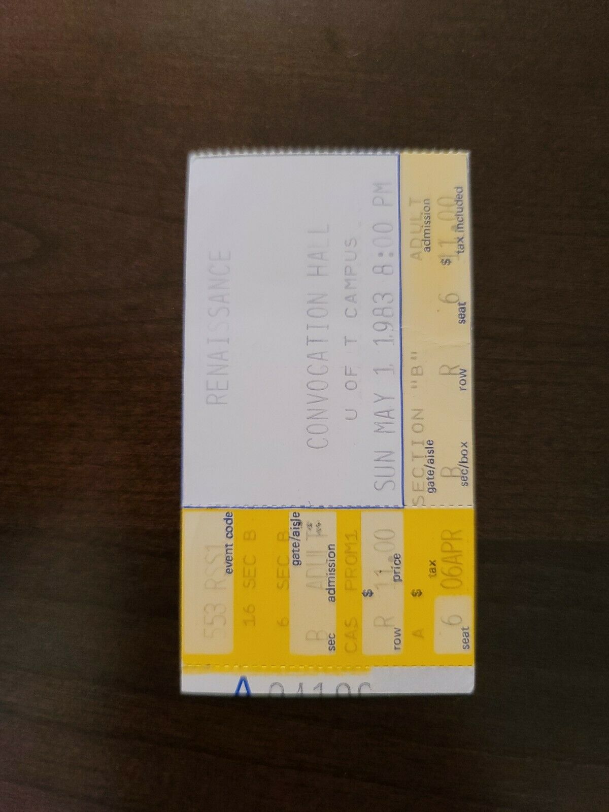 Renaissance 1983, Toronto Convocation Hall Original Ticket Stub