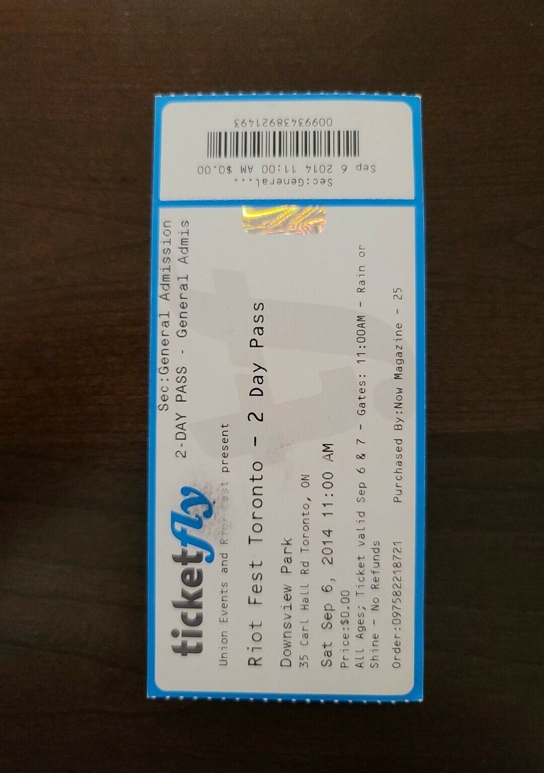 Riot Fest, 2014 Toronto Downsview Park Original Vintage Concert Ticket Stub