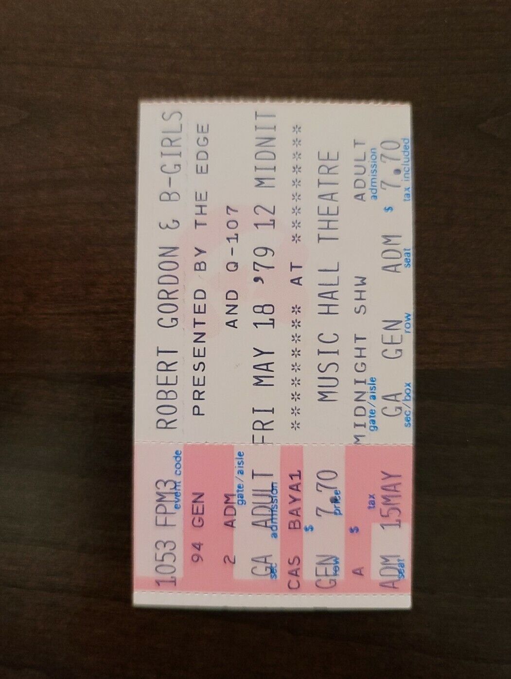 Robert Gordon & B-Girls 1979, Toronto Music Hall Original Concert Ticket Stub