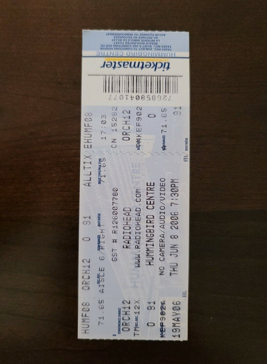 Radiohead 2006, Toronto Hummingbird Centre Original Concert Ticket Stub