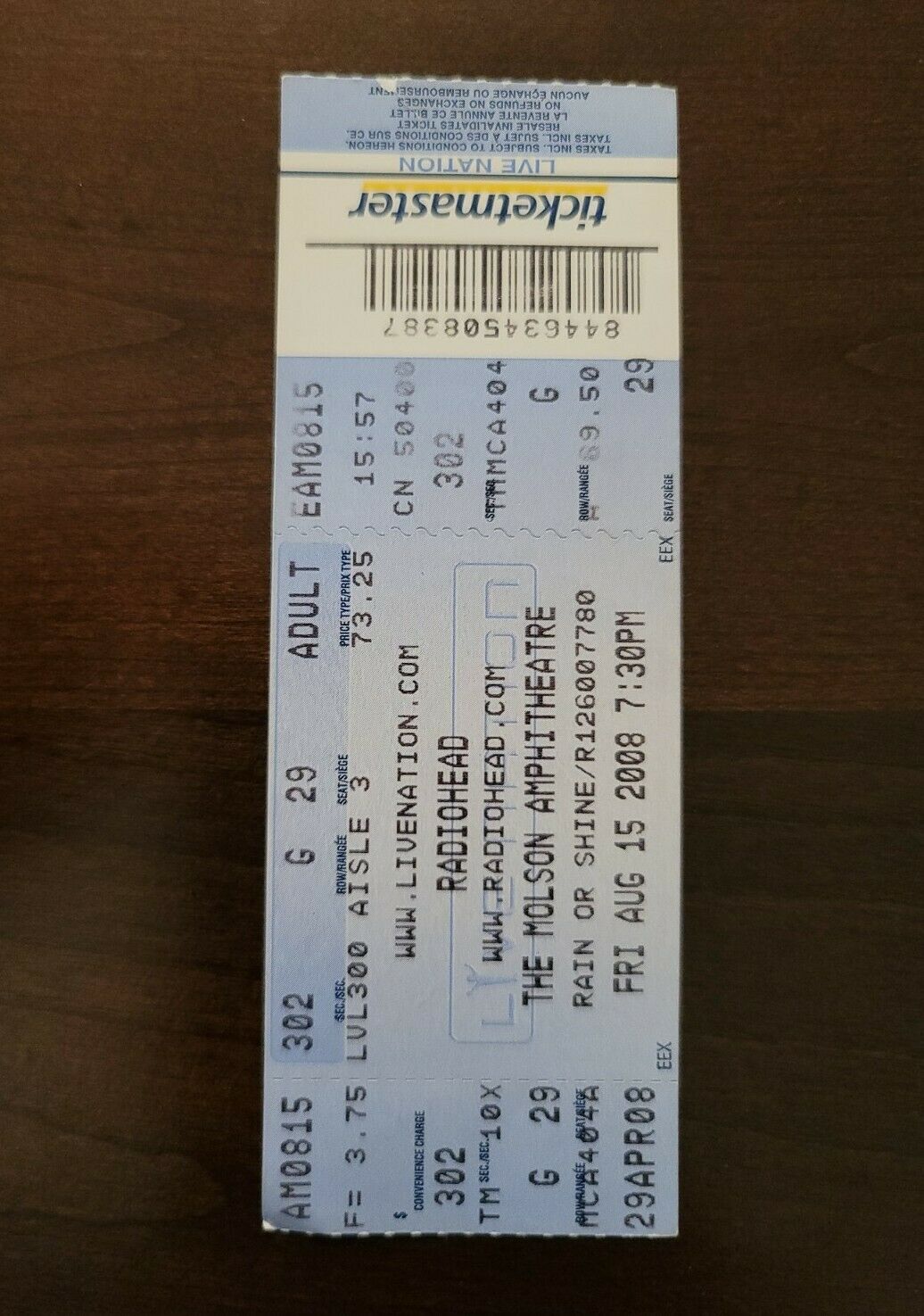 Radiohead 2008, Toronto Molson Amphitheater Original Concert Ticket Stub