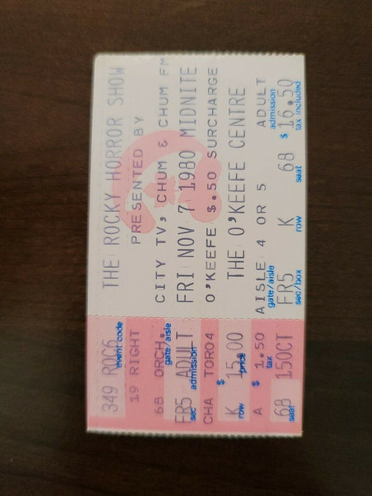 The Rocky Horror Show 1980, Toronto O'Keefe Centre Original Concert Ticket Stub
