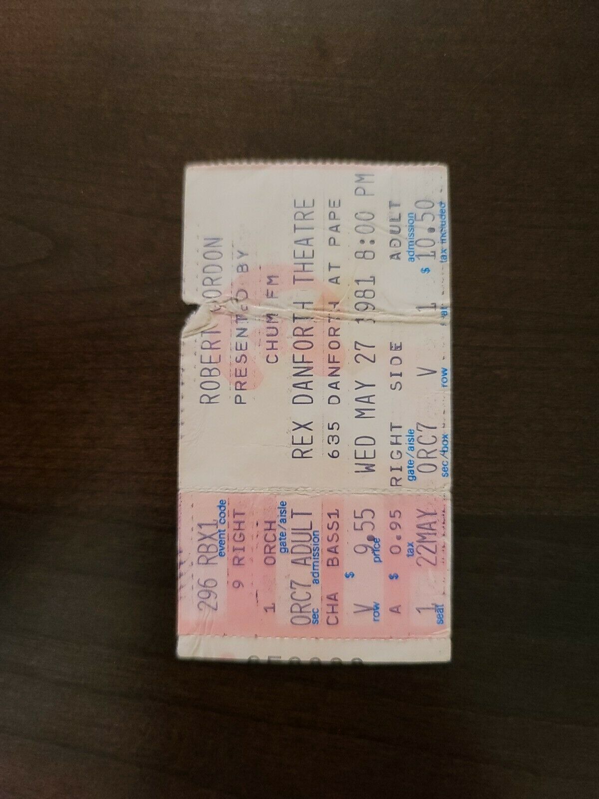Robert Gordon 1981, Toronto Rex Danforth Theater Original Ticket Stub