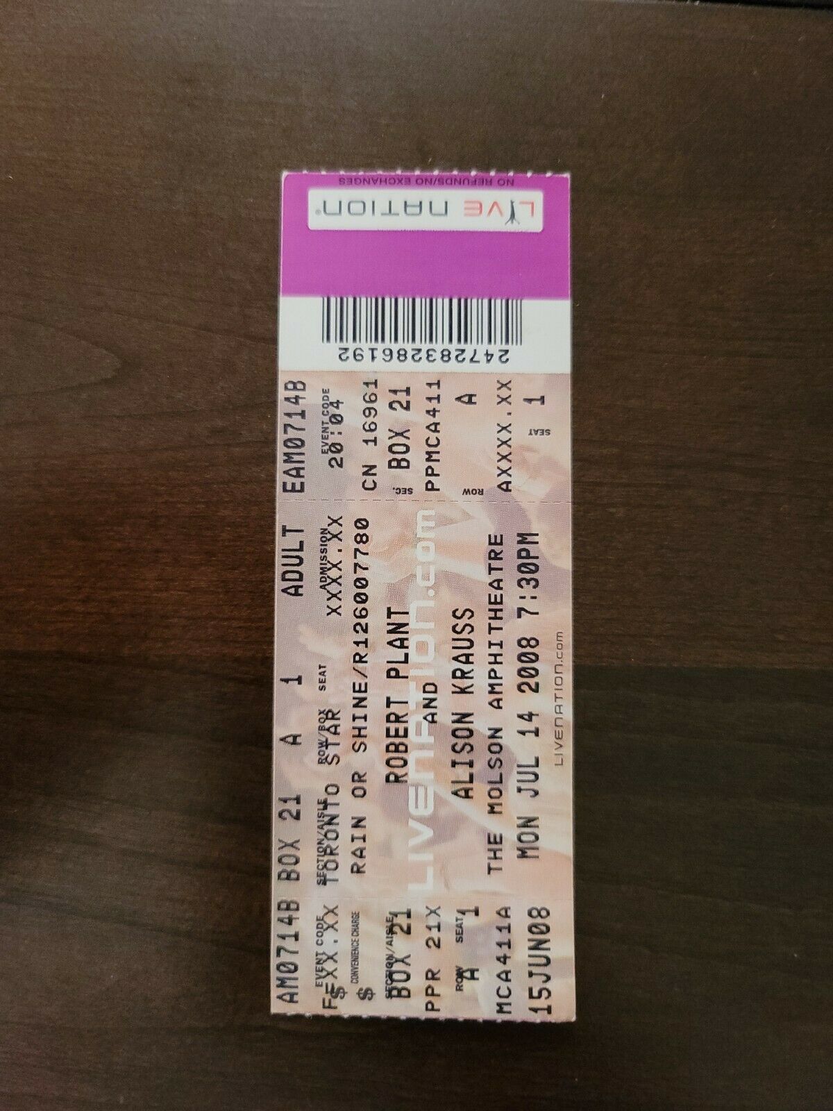 Robert Plant 2008, Toronto Molson Amphitheater Original Ticket Stub