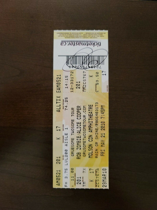 Rob Zombie Alice Cooper 2010, Toronto Molson Amphitheater Original Ticket Stub