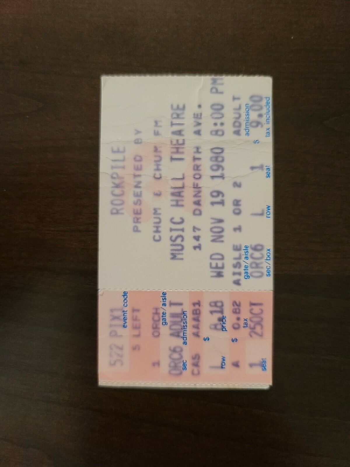 Rockpile 1980, Toronto Music Hall Original Concert Ticket Stub