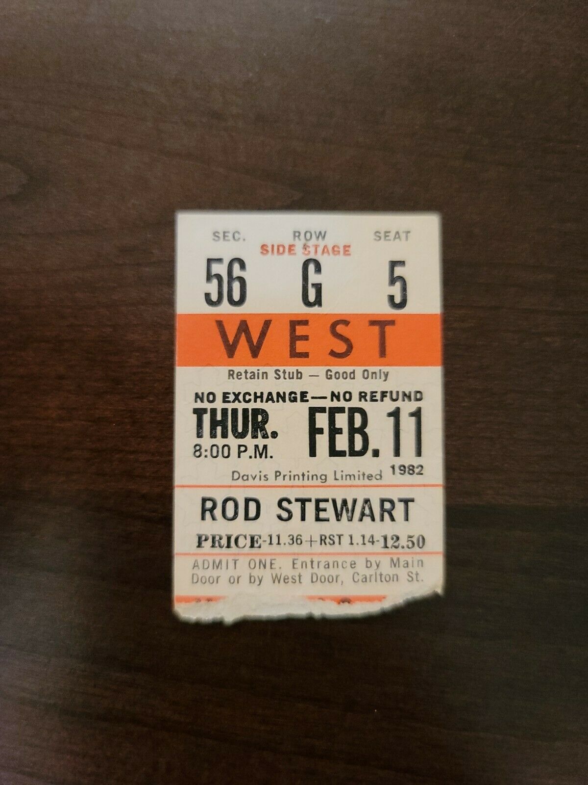 Rod Stewart 1982, Toronto Maple Leaf Gardens Original Concert Ticket Stub