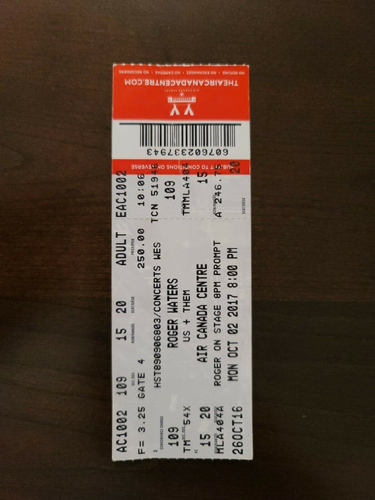 Roger Waters 2017, Toronto Air Canada Centre Concert Ticket Stub