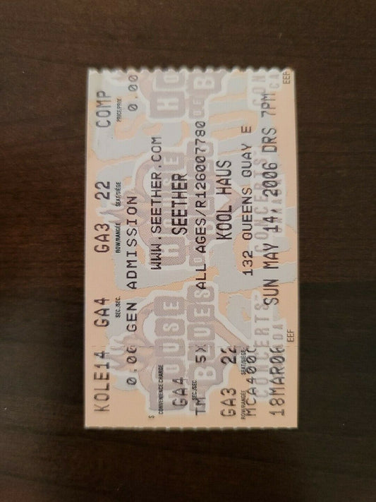 Seether 2006, Toronto Kool Haus Original Vintqge Concert Ticket Stub
