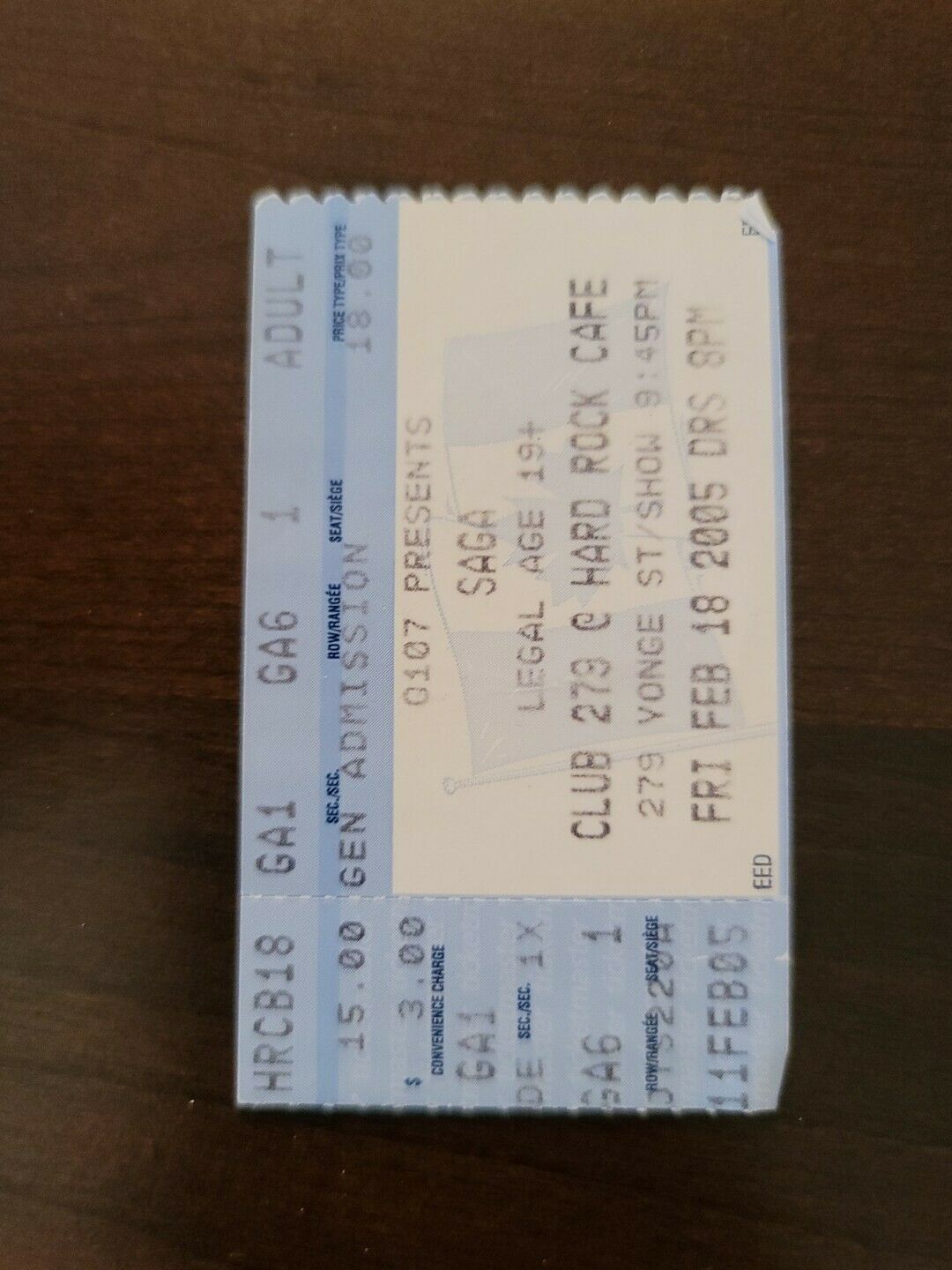 SAGA 2005, Toronto Hard Rock Cafe Original Concert Ticket Stub