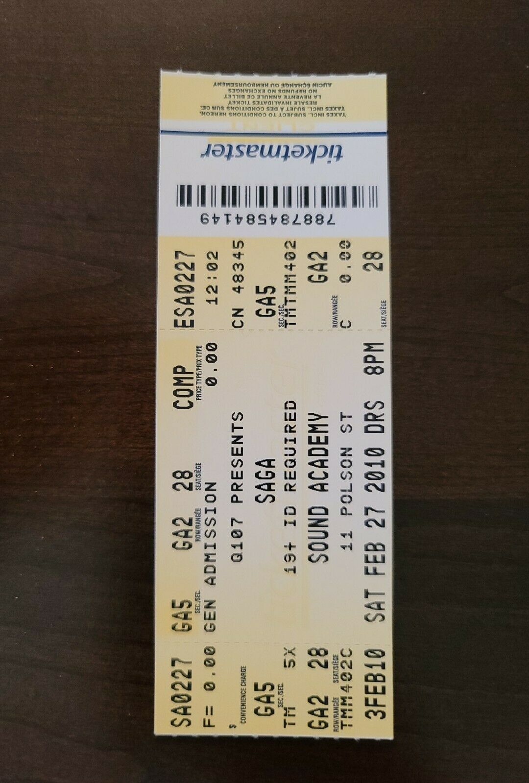 SAGA 2010, Toronto Sound Academy Original Concert Ticket Stub