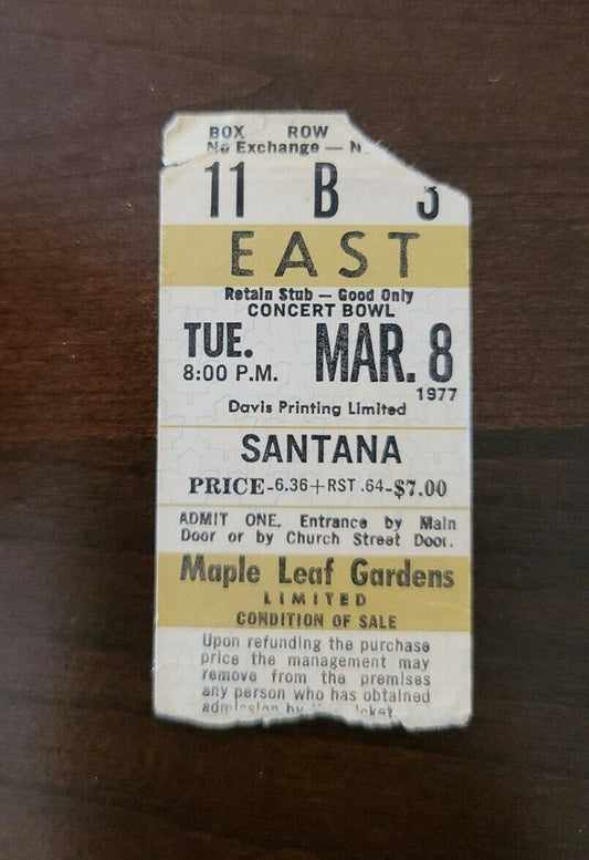 Santana 1977, Toronto Maple Leaf Gardens Original Concert Ticket Stub