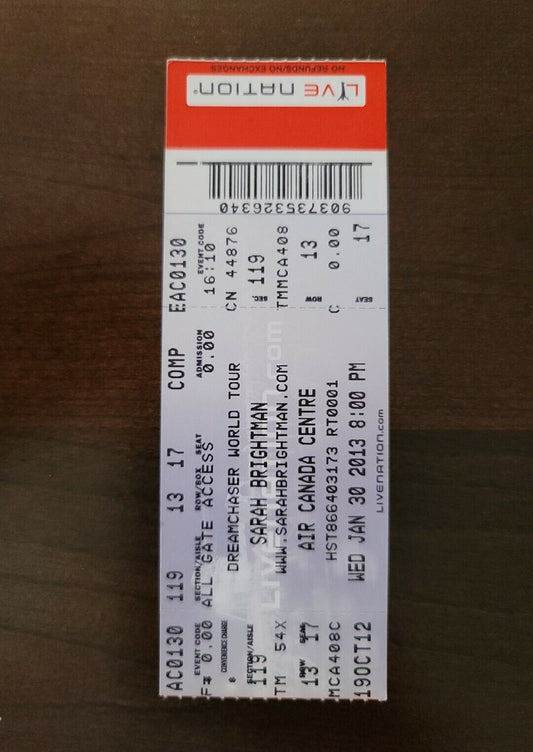 Sarah Brightman 2013, Toronto Air Canada Centre Original Concert Ticket Stub