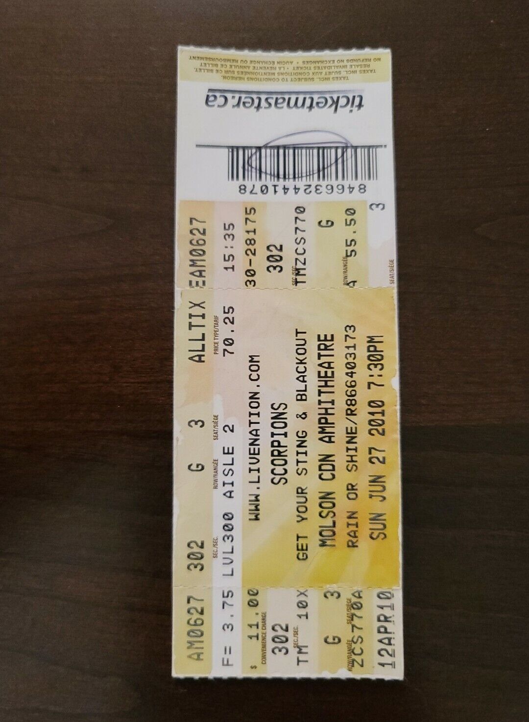 Scorpions 2010, Toronto Molson Amphitheater Original Concert Ticket Stub