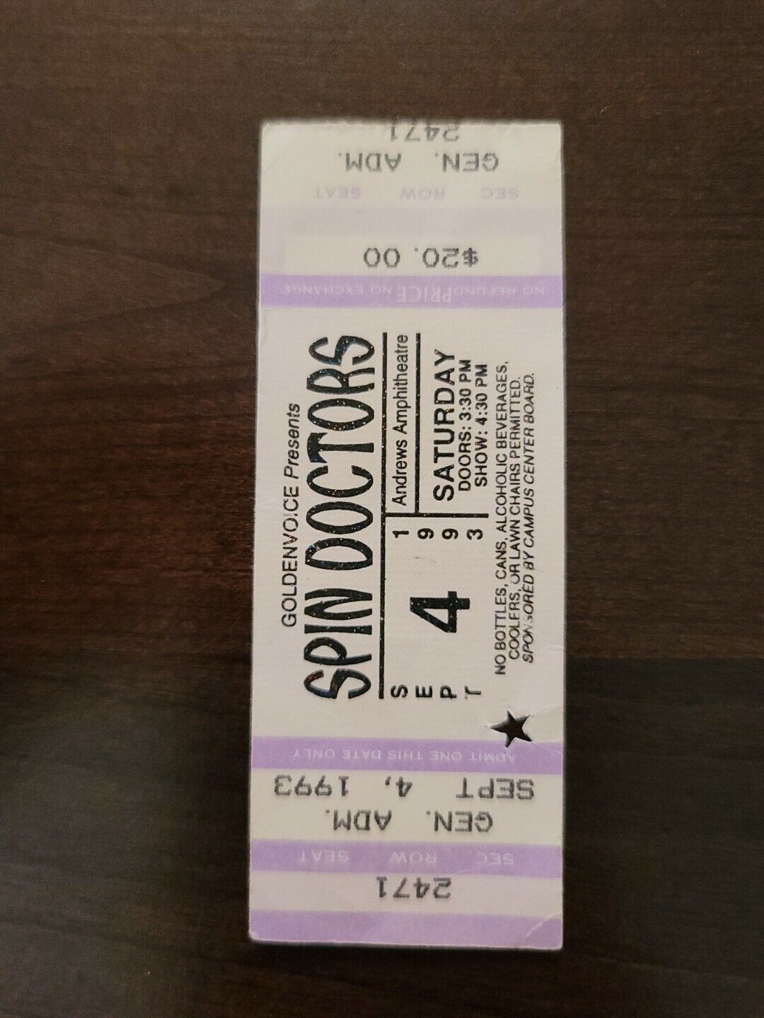 Spin Doctors 1993, Hawaii Andrews Amphitheater Original Concert Ticket Stub