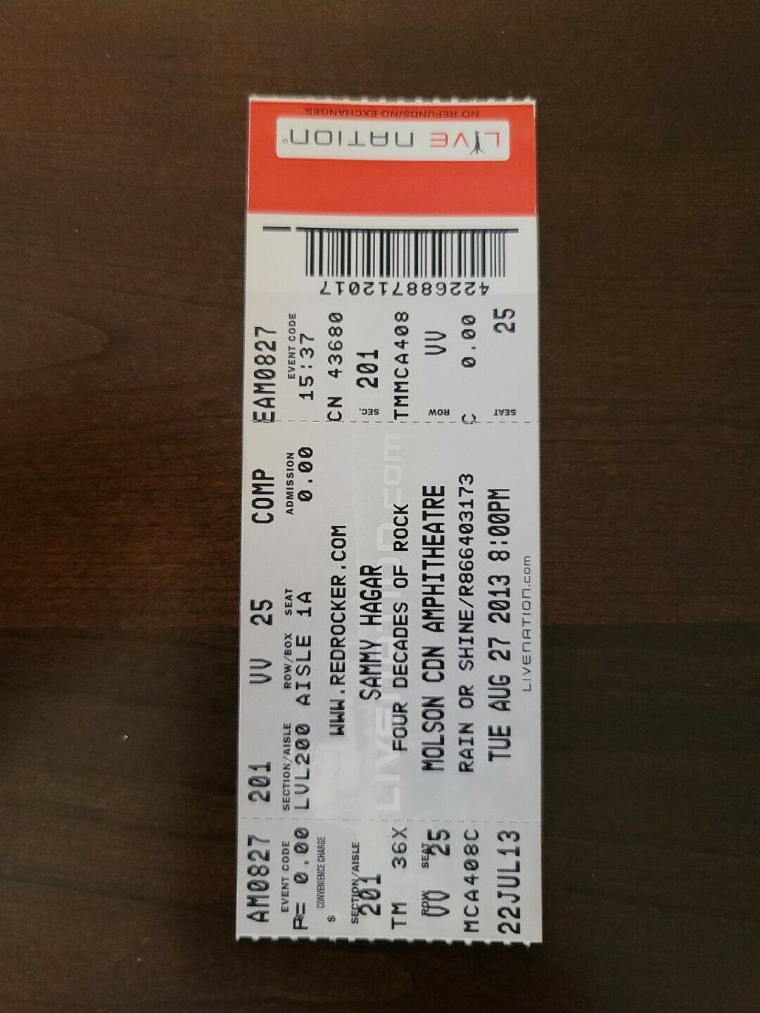 Sammy Hagar 2013, Toronto Molson Amphitheater Original Concert Ticket Stub