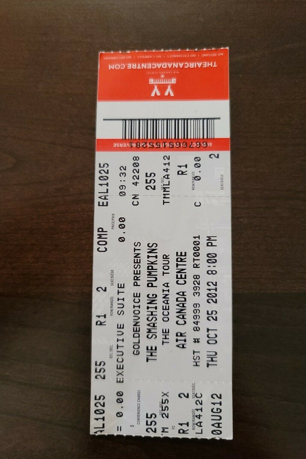 The Smashing Pumpkins 2012, Toronto Air Canada Centre Concert Ticket Stub