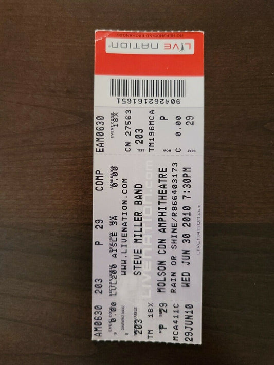 Steve Miller Band 2010, Toronto Molson Amphitheater Original Concert Ticket Stub