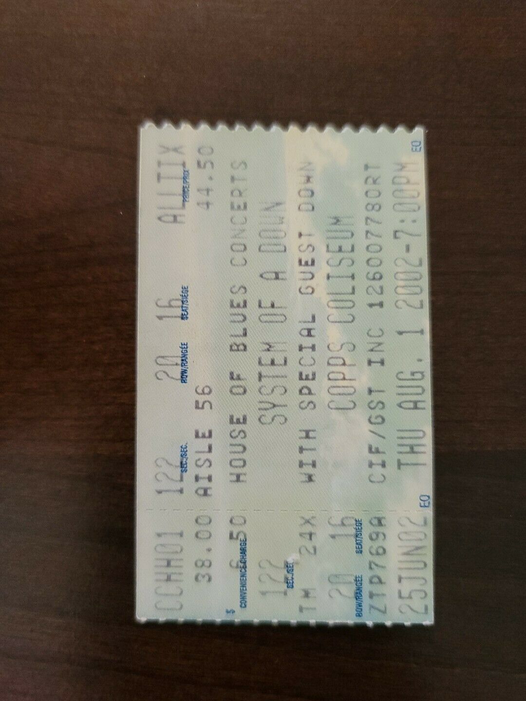 System Of A Down 2002, Hamilton Copps Coliseum Original Concert Ticket Stub