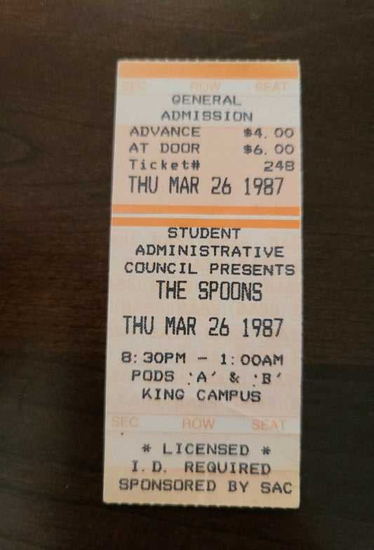 The Spoons 1987, University Toronto King Campus Original Concert Ticket Stub