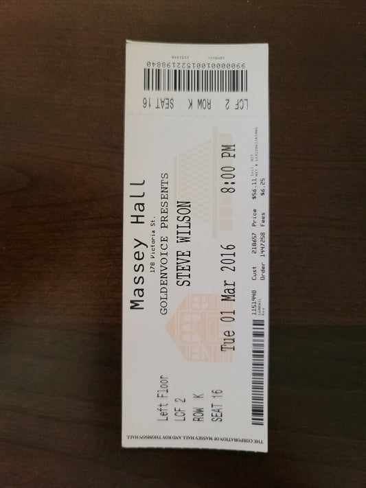 Steve Wilson 2016, Toronto Massey Hall Original Concert Ticket Stub