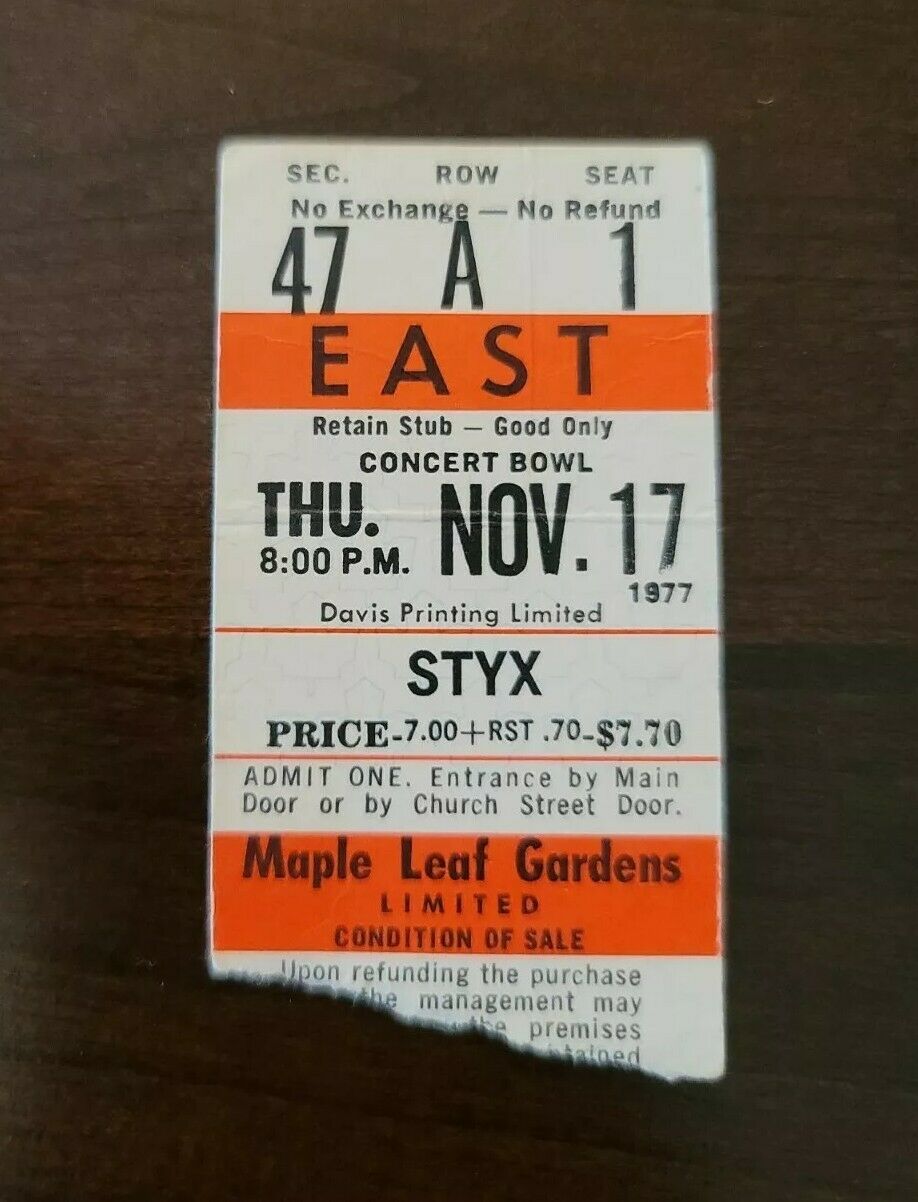 STYX 1977, Toronto Maple Leaf Gardens Original Concert Ticket Stub