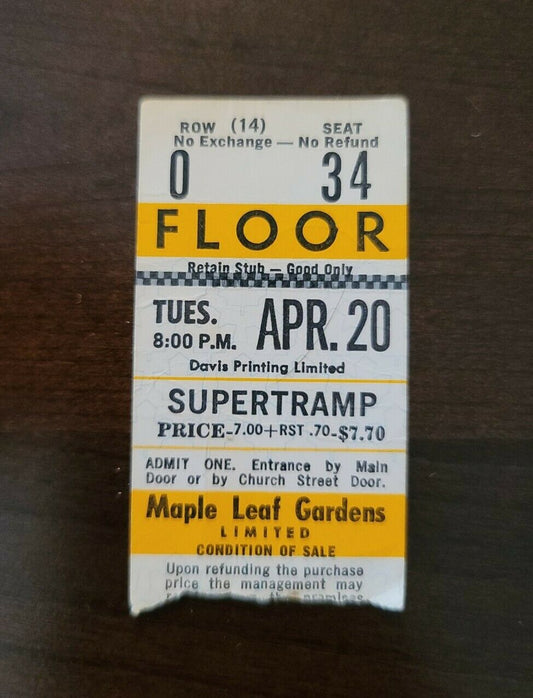 Supertramp 1976, Toronto Maple Leaf Gardens Original Vintage Concert Ticket Stub