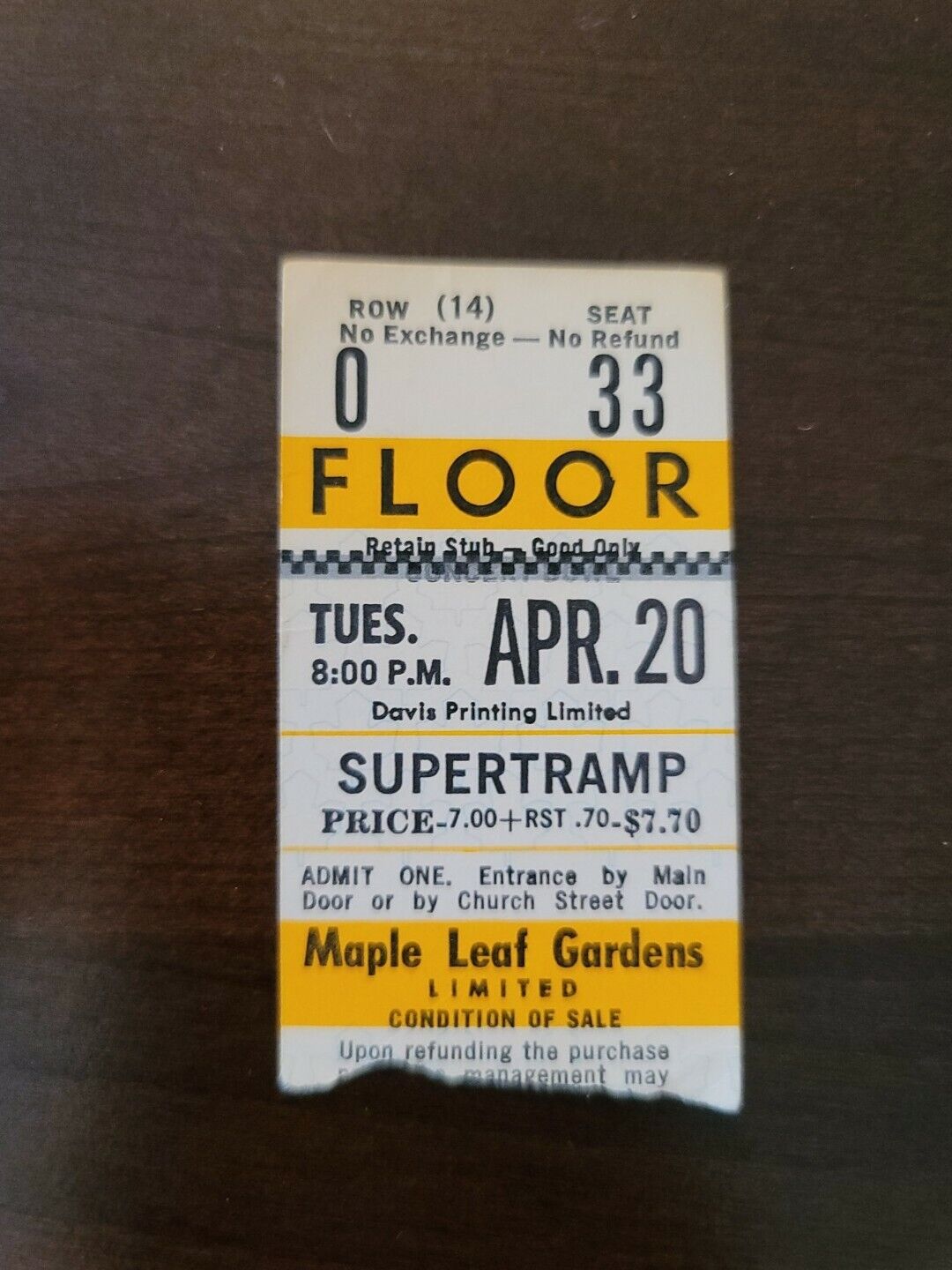 Supertramp 1976, Toronto Maple Leaf Gardens Original Concert Gold Ticket Stub