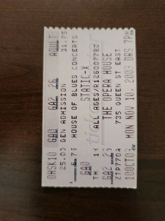 Static-X 2003, Toronto Opera House Original Concert Ticket Stub