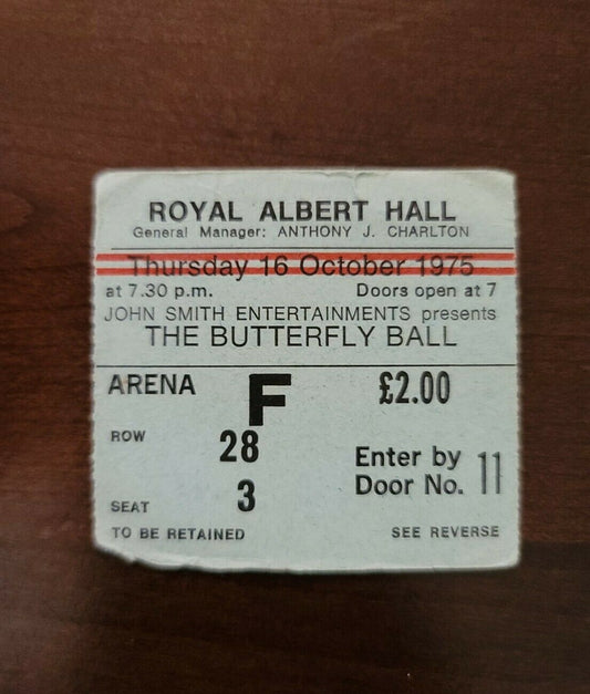 The Butterfly Ball 1975, London England Royal Albert Hall Concert Ticket Stub