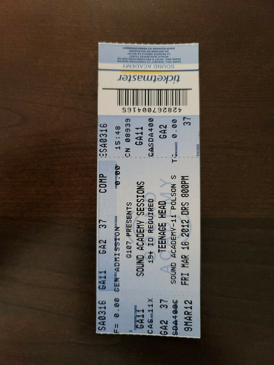 Teenage Head 2012, Toronto Sound Academy Original Concert Ticket Stub