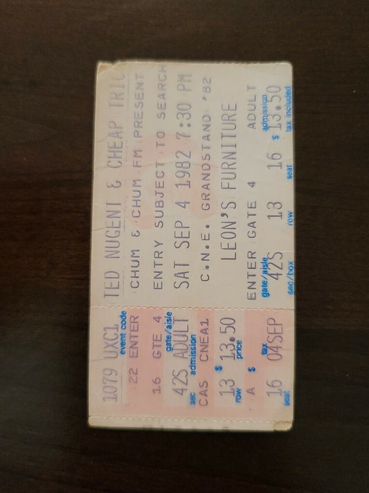 Ted Nugent Cheap Trick 1982, Toronto CNE Grandstand Concert Gold Ticket Stub