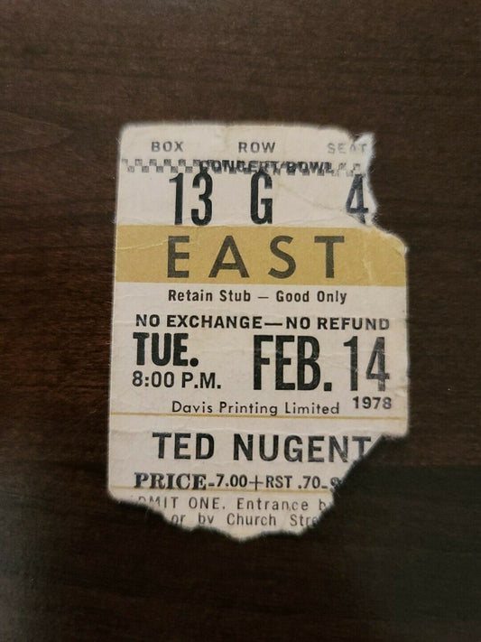 Ted Nugent 1978, Toronto Maple Leaf Gardens Original Concert Gold Ticket Stub
