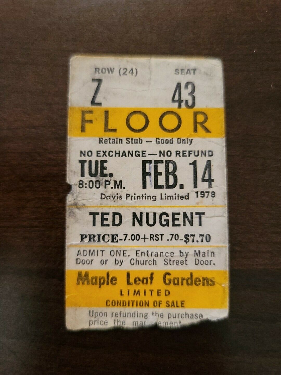 Ted Nugent 1978, Toronto Maple Leaf Gardens Original Concert Ticket Stub