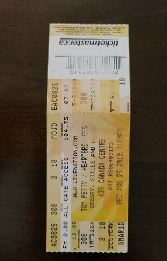 Tom Petty Heartbreakers 2010, Toronto Air Canada Centre Concert Ticket Stub