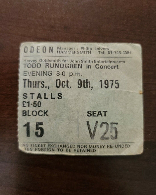 Todd Rundgren 1975, London England Odeon Original Concert Ticket Stub