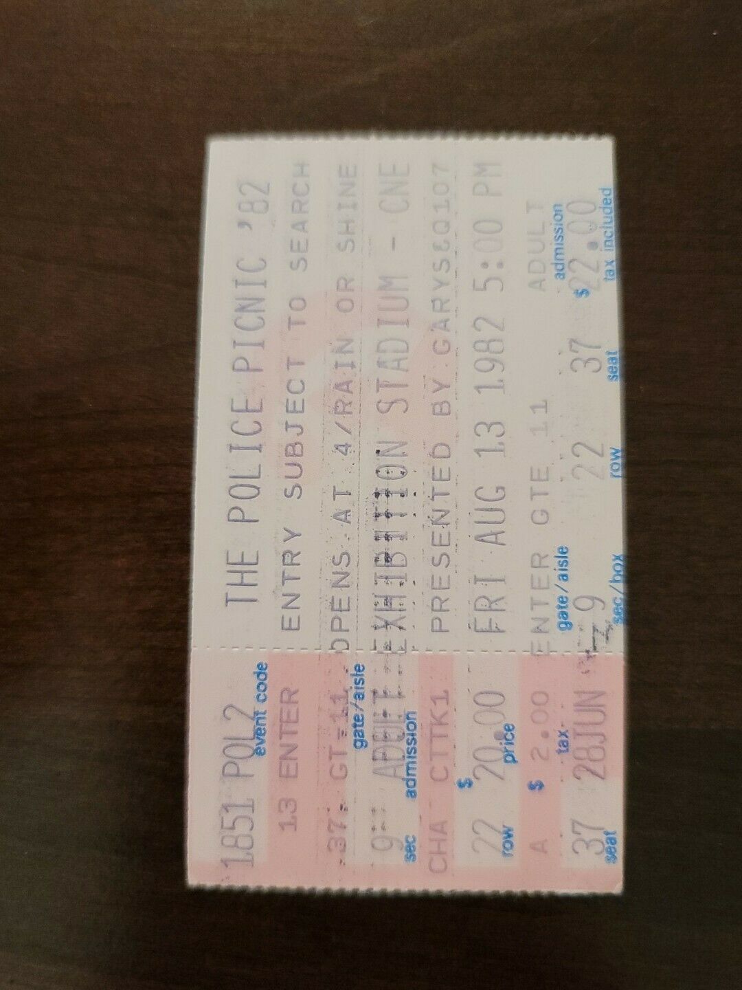 The Police Picnic 1982, Toronto Exhibition Stadium Original Movie Ticket Stub