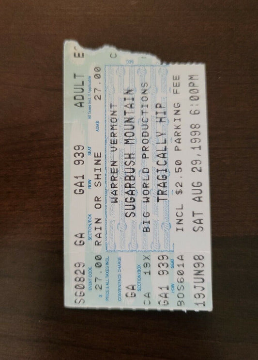 Tragically Hip 1998, Vermont Sugarbush Mountain Original Concert Ticket Stub