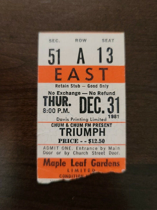 Triumph 1981, Toronto Maple Leaf Gardens Original Concert Ticket Stub
