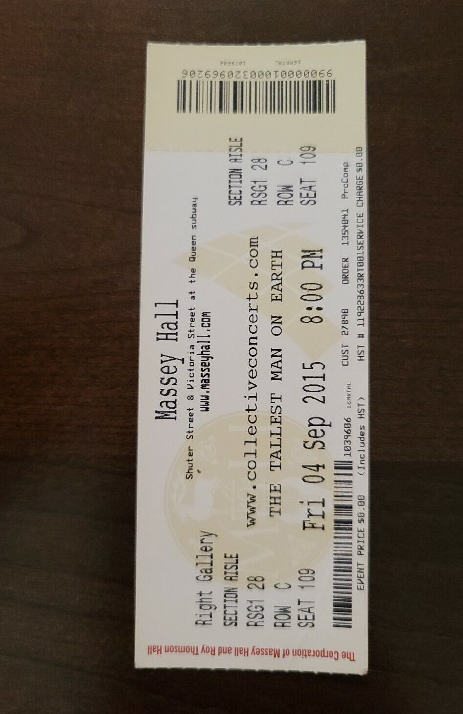 The Tallest Man On Earth 2015 Toronto Massey Hall Original Concert Ticket Stub